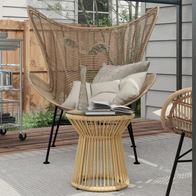 Outsunny Outdoor-Beistelltisch Gartentisch Rattan-Beistelltisch, Glasplatte, PE-Rattan, 40 cm x 40 cm x 42 cm Beige