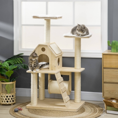 PawHut Árbol Rascador para Gatos Torre para Gatos con Camas Cueva Rodillo Postes de Sisal y Rampa 70x50x125 cm Natural
