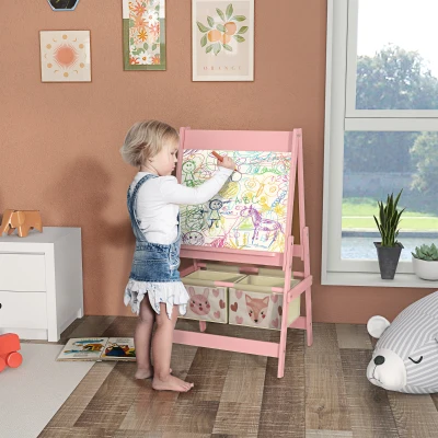 AIYAPLAY 3-in-1 Kinder Staffelei mit Papierrolle, Kreidetafel, Whiteboard, Aufbewahrungskörbe, 54 x 46,5 x 93 cm, rosa