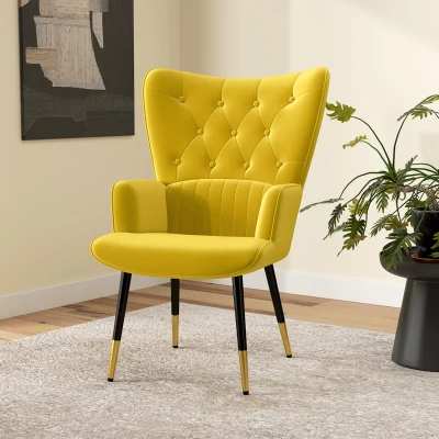 HOMCOM Butaca de Salón Sillón Individual Tapizado en Terciopelo con Respaldo Alto Estilo Moderno 68x72x103 cm Amarillo