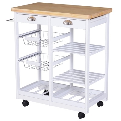 HOMCOM Chariot de service desserte de cuisine à roulettes multi-rangements 74L x 37l x 76H cm plateau bois massif pin châssis MDF blanc