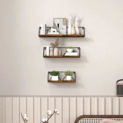 HOMCOM Set de 3 Estantes Flotantes para Salón Dormitorio Pasillo 30x12x12cm 40x12x12cm 50x12x12cm Marrón Rústico y Negro