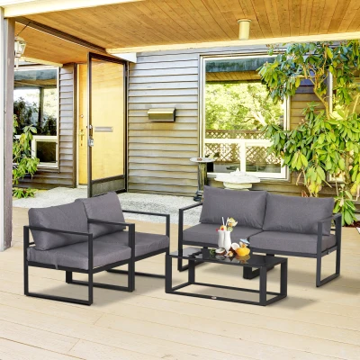 Outsunny Vierteiliges Gartenmöbel Set, Sitzgruppe, Sofa mit Sitzkissen, Tisch mit Stauraum, Polyester, Grau, 138 x 69 x 63 cm