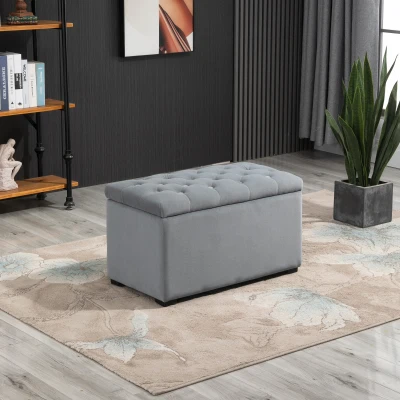 HOMCOM Banc Banquette Pouf Tabouret de Rangement avec 2 Petits Tabourets Peluche Courte 75 X 40 X 24cm Gris Clair