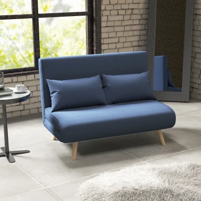 HOMCOM Sofá Cama de 2 Plazas Tapizado en Lino con Respaldo Ajustable en 5 Posiciones y 2 Almohadas 120x75x85 cm Azul Oscuro