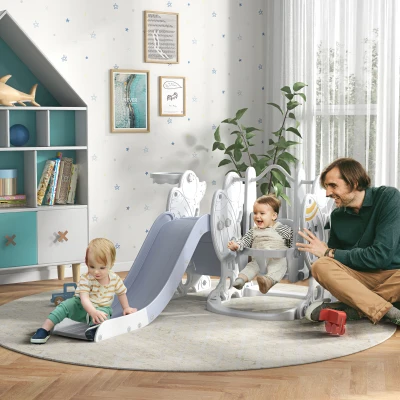 AIYAPLAY 3-in-1-Set Kinderrutsche mit Schaukel, Basketballkorb, Raketen-Design, weiß+grau, 150L x 185B x 92H cm