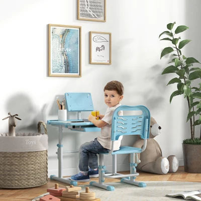 ZONEKIZ Pupitre Infantil Ajustable con 1 Cajón 1 Estante para Libros y Ángulo de Mesa Ajustable 80x49,5x82-104 cm Azul y Blanco