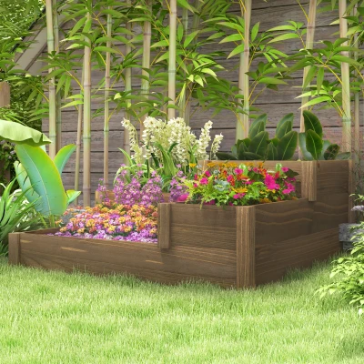 Outsunny Hochbeet, 4 Pflanzgefäße auf 3 Stufen, wetterbeständig, Massivholz, 122 cm x 122 cm x 51 cm, Natur