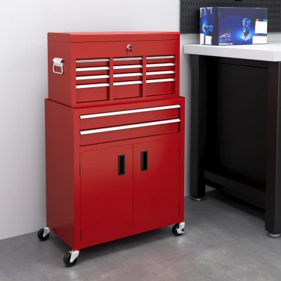 HOMCOM Portable Metal Tool Chest on Wheels with 6 Drawers Red
