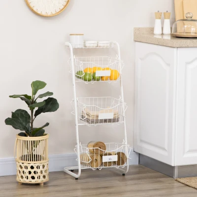 HOMCOM Cesta de Frutas y Verduras de 3 Niveles Organizador de Cestas Apilables y Extraíbles 42,5x36,5x91 cm Blanco