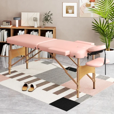 HOMCOM Camilla de Masaje Plegable con Reposacabezas Extraíble Asa Marco de Madera y Altura Regulable 210x81x67-92 cm Rosa