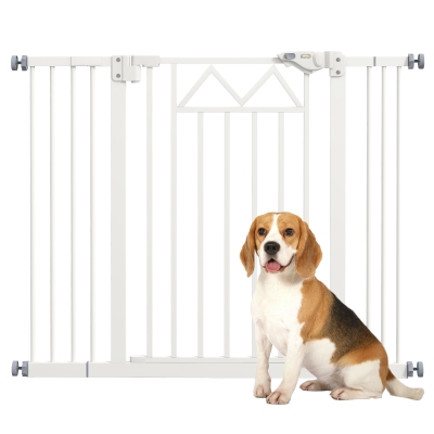 PawHut Cancelletto per Cani taglia Piccola e Media con Chiusura Automatica, in Acciaio e PA, 74-100×76 cm, Bianco