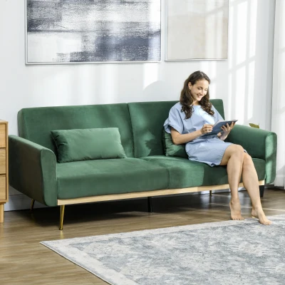 HOMCOM Divano Letto 3 Posti Vellutato con 2 Cuscini Verde