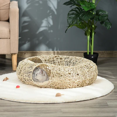 PawHut Cama para Gatos de Ratán 78x69x22 cm Cesta para Gatos Rolliza con Cojín Suave 3 Orificios de Acceso Túnel para Gatos Madera Natural