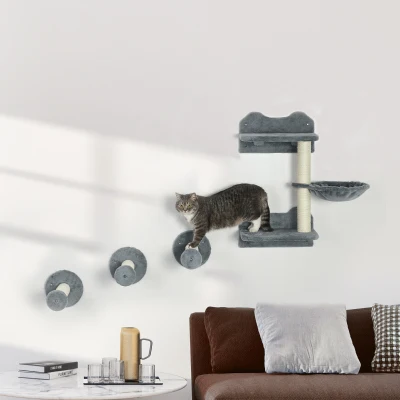 PawHut Juego de Rascador de Pared para Gatos con 3 Postes de Sisal Hamaca y 1 Plataforma para Saltar de 3 Nivele Gris