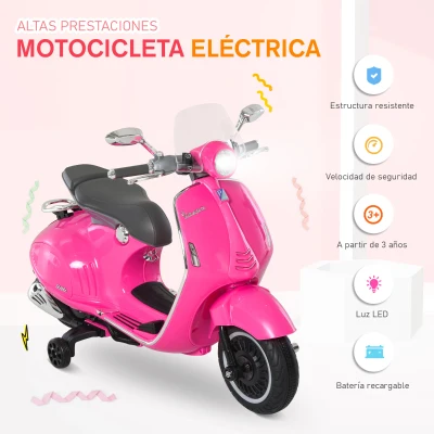 HOMCOM Moto de Batería Autorizada de VESPA con Faros Música 2 Ruedas Auxiliares 108x49x75 cm Rosa(m-4)