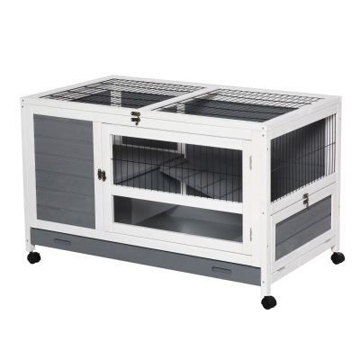 PawHut Conejera de Madera Caseta de Interior para Mascotas Pequeñas 2 Pisos con Ruedas Bandeja Extraíble Rampa 102x60x63,5 cm Gris Blanco