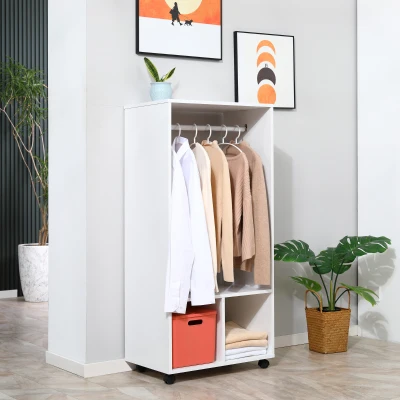 HOMCOM Mobiler Kleiderschrank Garderobe Schrank mit Regal 4 Schwenkräder für Wohnzimmer Schlafzimmer, Aluminiumlegierungen, 60 x 40 x 128 cm, Weiß