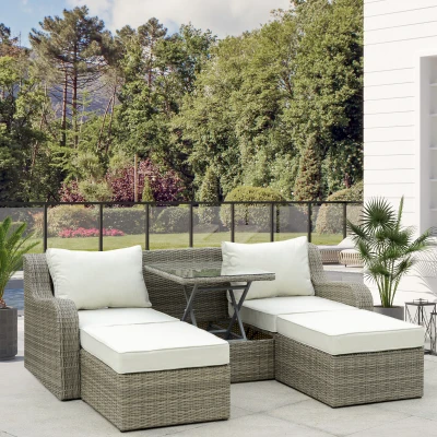 Outsunny Polyrattan Gartenmöbel Set für 3 Personen Gartengarnitur mit Beistelltisch Kissen Aluminium Hellgrau+Beige