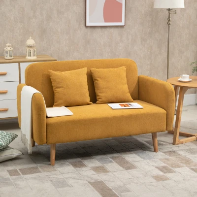 HOMCOM 2 Sitzer Sofa, Couch mit 2 Wurfkissen, gepolsterter Doppelsofa, Polstersofa mit Samtopik, Armlehne, Loveseat für Wohnzimmer, Schlafzimmer,  130 x 70 x 80 cm, Gelb