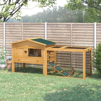 PawHut Kleintierstall kleintierkäfig mit Freigehege Meerschweinchenstall Freilaufgehege Winterfest Outdoor Tierstall Tannenholz Natur+Grün 150 cm x 52,5 cm x 68 cm