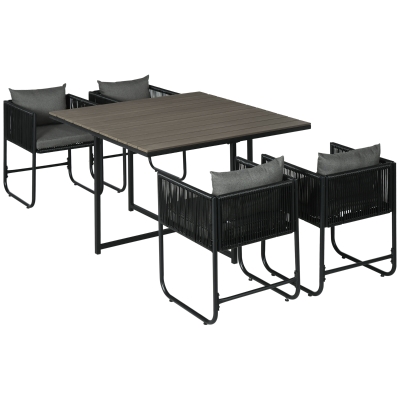 Outsunny Salon de jardin ensemble 5 pièces avec 1 table et 4 fauteuils 8 coussins table en composite plateau aspect bois noir