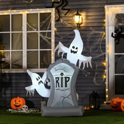 HOMCOM Fantasmas Inflables para Halloween con Luces LED Decoración Hinchable de Halloween para Interiores Exteriores Fiestas 110x38x154 cm Blanco y Gris