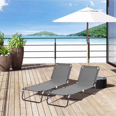 Outsunny 2-Piece Sun Loungers Grey Adjustable Backrest