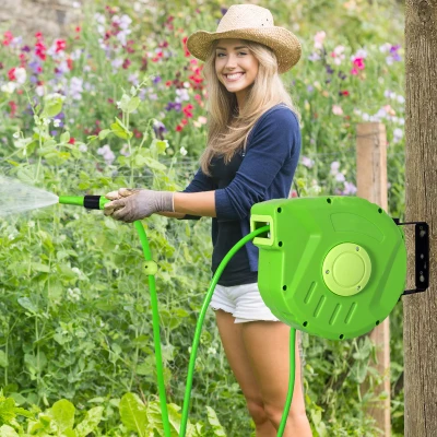 Outsunny Schlauchtrommel 10+1m Schlauchaufroller Automatik schwenkbar Druckluft Garten 180° schenkbar Druckluftschlauch Grün