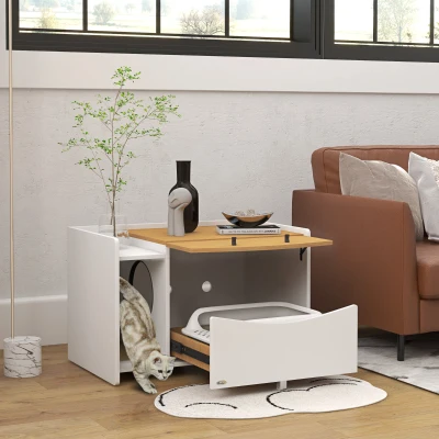 PawHut Katzentoilette, ausziehbar, Schrankdesign, Streufach, 78x50x51cm, Eiche/Weiß