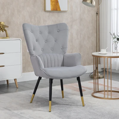 HOMCOM Butaca de Salón Sillón Individual Tapizado en Terciopelo con Respaldo Alto Estilo Moderno 68x72x103 cm Gris Claro