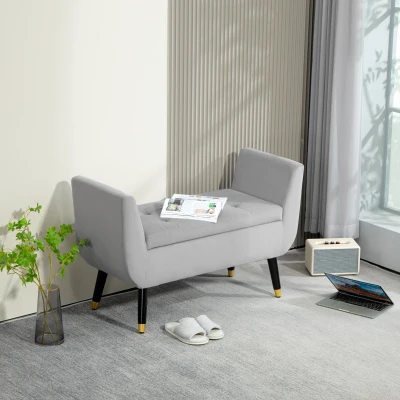 HOMCOM Sitzbank mit Stauraum und Armlehnen, Truhenbank, samtartiges Polyester, Kautschukholz, Hellgrau, 107 x 42 x 65 cm