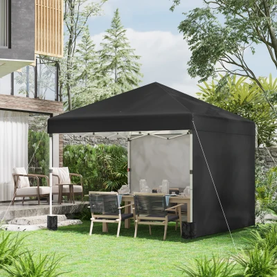 Outsunny Faltpavillon, 2 Seitenwände, höhenverstellbar, mit Transporttasche, rostfreies Stahlgestell, 3x3 m, Schwarz