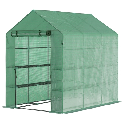 Outsunny Foliengewächshaus begehbares Gewächshaus mit 8 Regalebenen Tomatengewächshaus Treibhaus Frühbeet mit Tür Grün Stahl PE-Kunststoff 214 x 143 x 195 cm