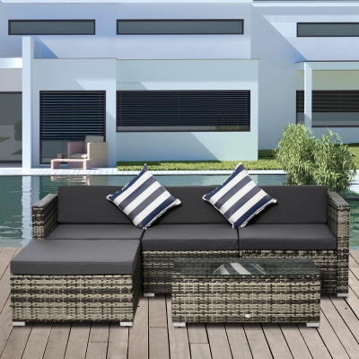 Outsunny Gartenmöbel-Set aus PE-Rattan, Rattan-Lounge-Set, inkl. Kissen  u. Polstern,  Grau