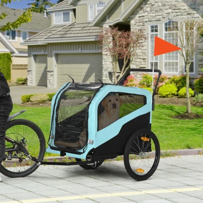 PawHut Rimorchio Bici per Cani 2 in 1 con 2 Ingressi e Tasche Blu