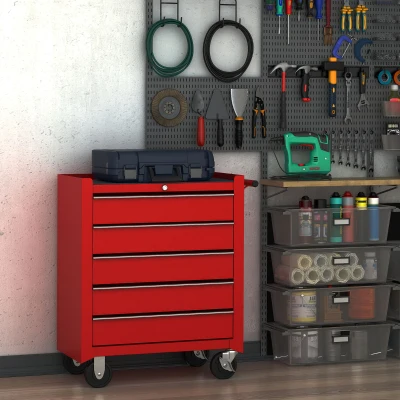 HOMCOM Lockable Tool Chest on Wheels, 5 Drawer, Red