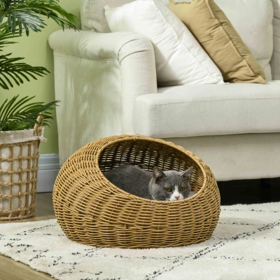 PawHut Katzenhöhle mit waschbarem Kissen, für Tiere bis 4 kg, Indoor, Kunst-Rattan, Ø50 x 31 cm, Hellbraun