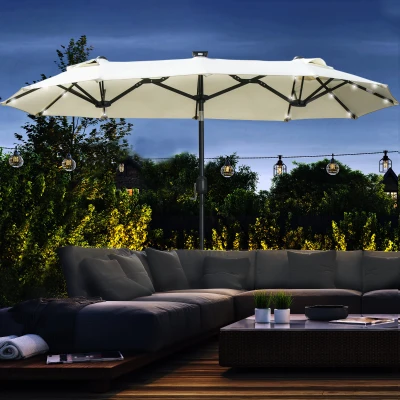 Outsunny Doppelschirm, Terrassenschirm, neigbar, mit Solarpaneel, 35 LEDs, Stahlrahmen, beige, 2,92 x 1,50 x 2,18 m