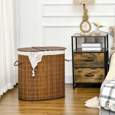 HOMCOM Cesto para Ropa Sucia de Bambú Capacidad de 100L Cesta para la Colada con 2 Compartimentos  62,5x37x60,5cm Marrón