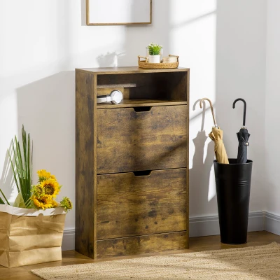 HOMCOM Shoe Cabinet Slim 2-Drawer Rustic Brown 12 Pairs