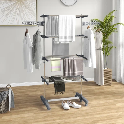 HOMCOM Wäschenständer Wäschetrockner 5 Ebenen, klappbar, One-Klick-System, 142 cm x 55 cm x1 72 cm, Grau + Silber