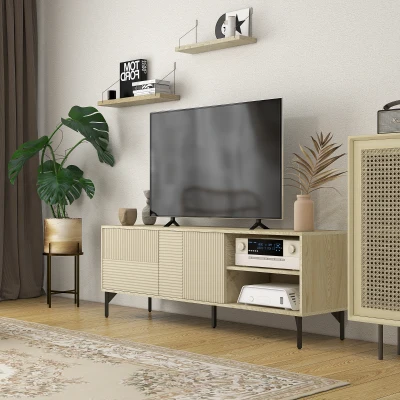 HOMCOM Meuble TV 65" Marron Noir 2 Niches 1 Placard Acier
