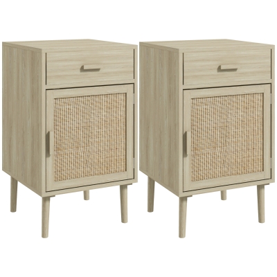 HOMCOM Set 2 Comodini con Cassetto e Anta in Rattan Colore Legno