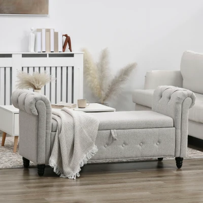 HOMCOM Banc Coffre Tissu Lin Bois Gris