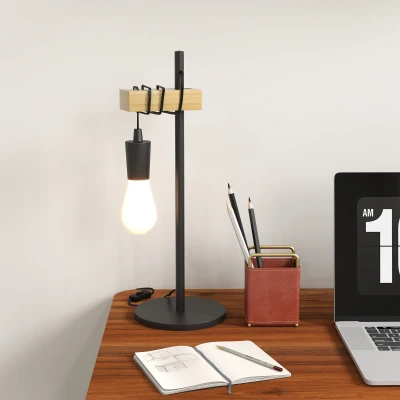 HOMCOM Tischlampe, Industrial Stil, inkl. LED, Metallrahmen, höhenverstellbar, schwarz+Holz