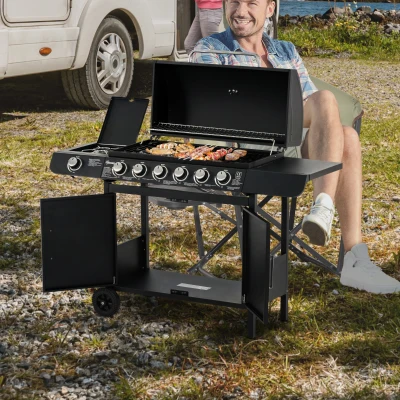 Outsunny Gasgrill mit 7 Brennern, inkl. Thermometer,  BBQ -Grill, mobiler Grill, Schwarz