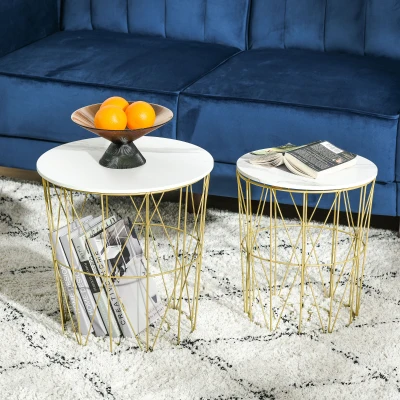 HOMCOM Set of 2 Round Nesting Tables Steel Frame White