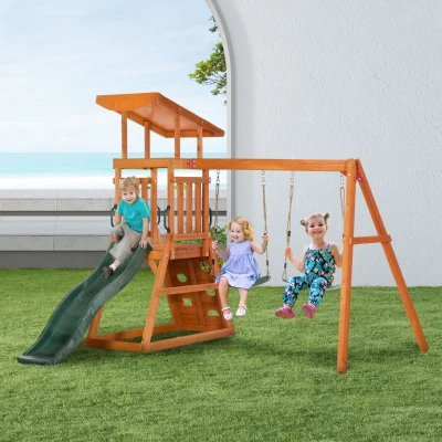 Outsunny Set Scivolo e 2 Altalene in Legno per Bambini 3-8 Anni