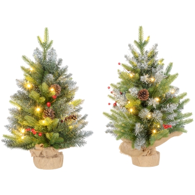 HOMCOM Set of Two 2ft Christmas Trees with Lights & Berries